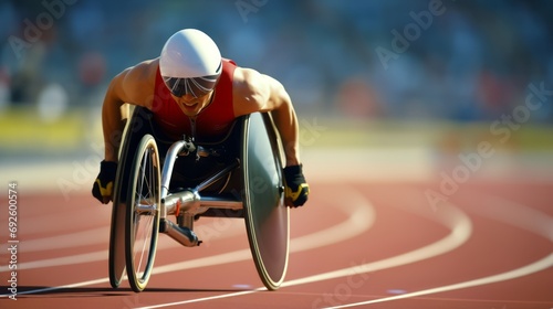 Para-athlete wheelchair racer is accelerating to the finish line