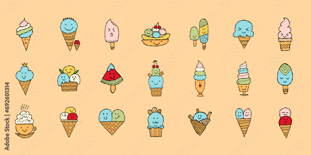 Ice cream characters. Kawaii style with black outline. Icons set