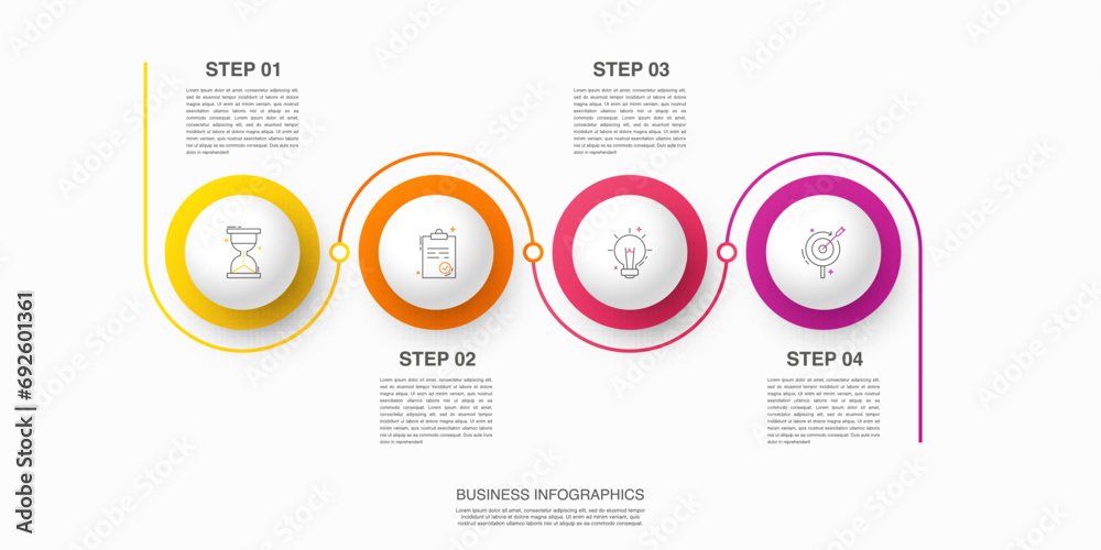 Vector line infographics with 4 circles. Business concept graphic process template with four steps. Graphic timeline for app, website, interface, chart, levels, web, diagram, banner, presentations