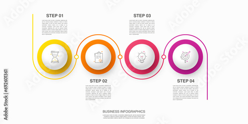 Vector line infographics with 4 circles. Business concept graphic process template with four steps. Graphic timeline for app, website, interface, chart, levels, web, diagram, banner, presentations