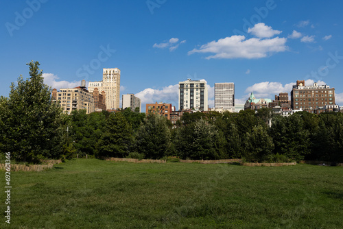 Fototapeta Naklejka Na Ścianę i Meble -  Brooklyn Heights Park with Green Grass and a Neighborhood Skyline View during Summer in New York City