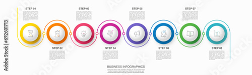 Vector line infographics with 8 circles. Business concept graphic process template with eight steps. Graphic timeline for app, website, interface, chart, levels, web, diagram, banner, presentations