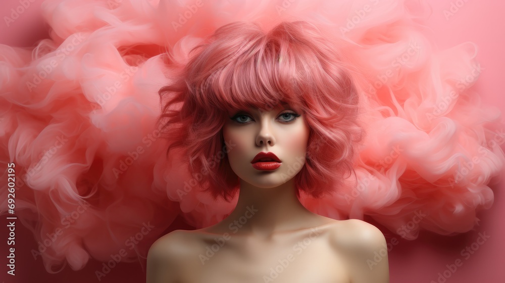 Portrait of woman in pink wig