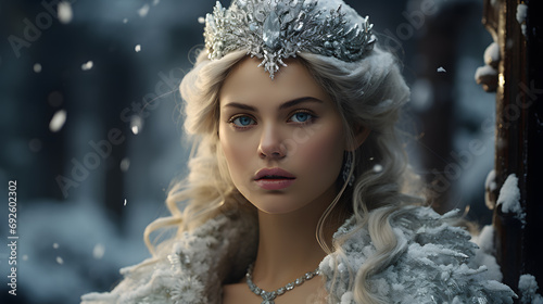 Beautiful Snow queen in winter forest