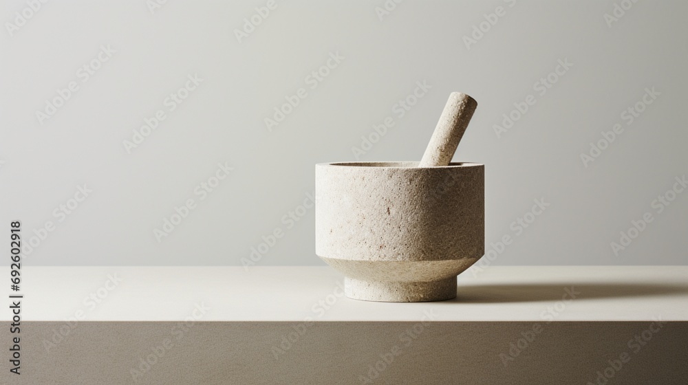 a solo stylish stone mortar and pestle, its minimalist design exuding sophistication against a seamless white background. - obrazy, fototapety, plakaty 