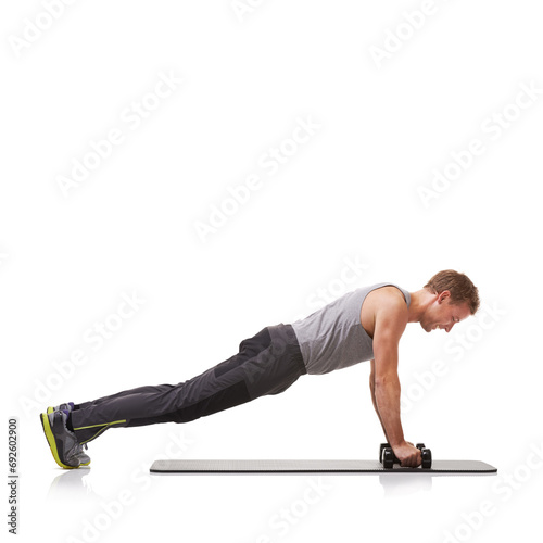 Push ups, white background or man in dumbbells training, exercise or workout for body or wellness. Mockup space, studio or healthy athlete bodybuilder weightlifting for strong biceps muscle or power