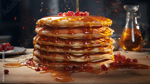 An editorial shot of a pancakes covered in syrup on a table. 