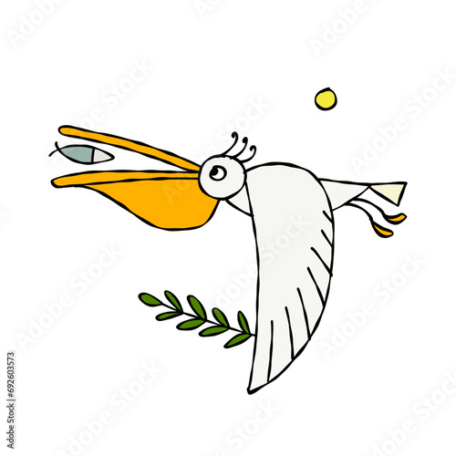 Funny pelican character with fish isolated on white for your design