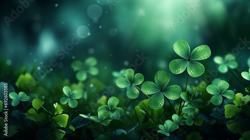 green background with clover leaves and bokeh. Festive background for St. Patrick's Day