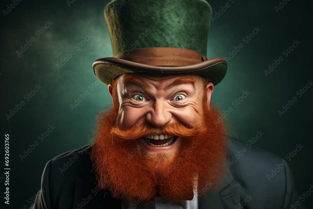cheerful bearded red-haired man in a large traditional St. Patrick's top hat cheerful bearded red-haired man in a large traditional St. Patrick's top hat