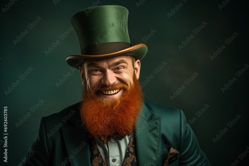 cheerful bearded red-haired  man in a large traditional St. Patrick's top hat
