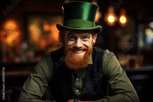 cheerful bearded red-haired man in a large traditional St. Patrick's top hat