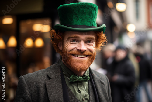 cheerful bearded red-haired man in a large traditional St. Patrick's top hat