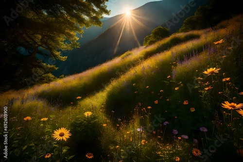 Dappled sunlight on a peaceful mountainside, highlighting wildflowers in bloom.