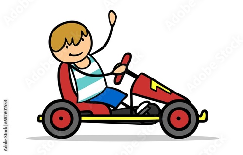 Cartoon boy driving red go-kart outdoors