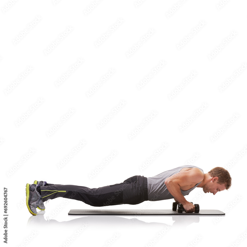 Obraz premium Push ups, space or athlete in dumbbells training, exercise or workout for fitness on white background. Studio mockup, man or healthy male bodybuilder weightlifting for strong biceps muscle or power