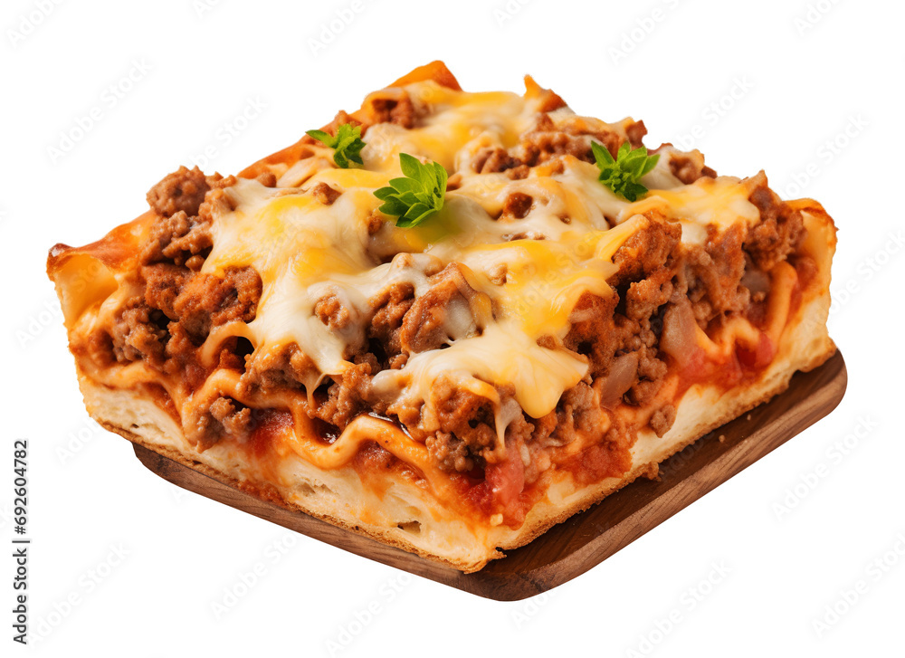Lasagna on transparent background. Generative AI.