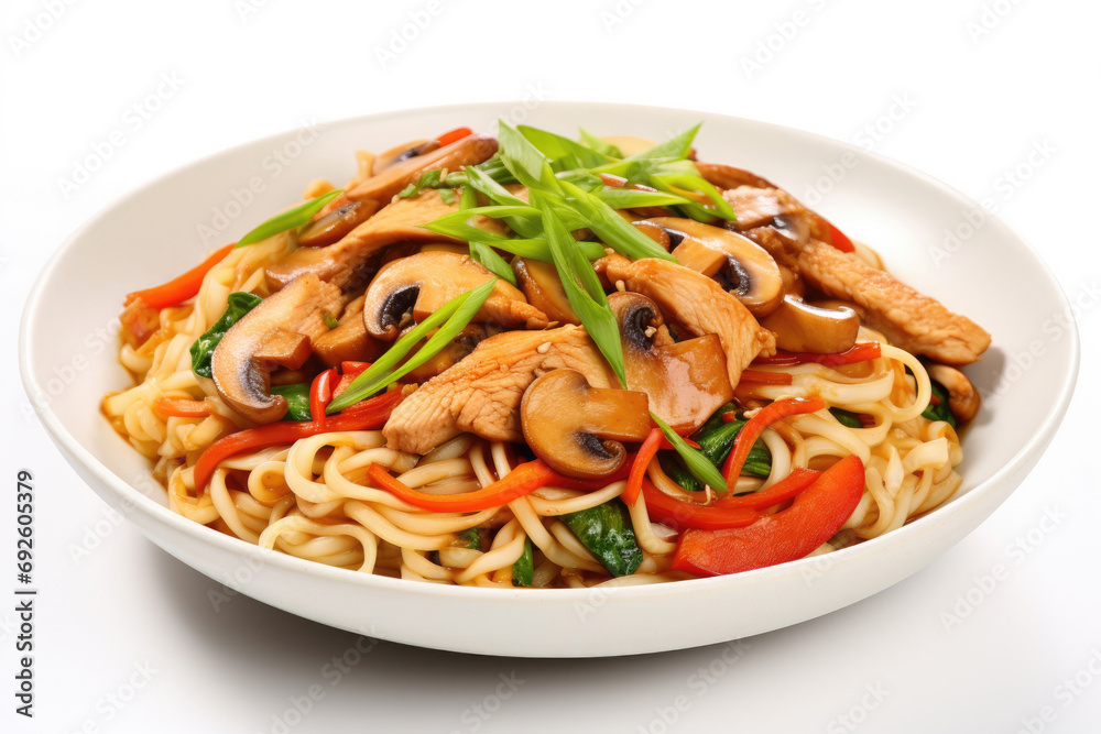 Savory stir-fry noodles with chicken, paprika and mushrooms