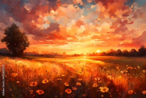 A breathtaking sunset over a summer meadow  painting the sky with warm hues.