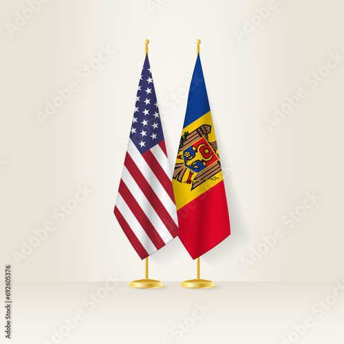 United States and Moldova national flag on a light background.