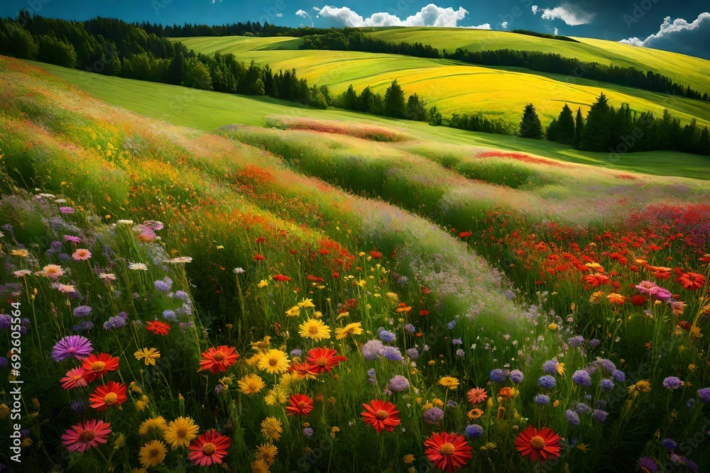 A stunning view of a lush, multi-colored meadow stretching out under the summer sky.