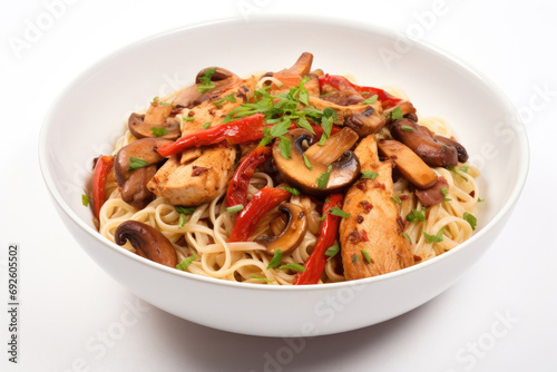 Savory stir-fry noodles with chicken, paprika and mushrooms