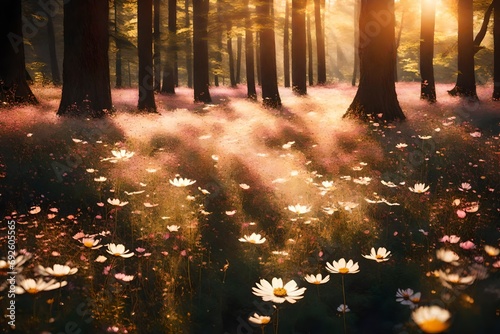 A secluded cosmos flower field surrounded by a dense forest, with dappled sunlight filtering through the trees, creating a play of light