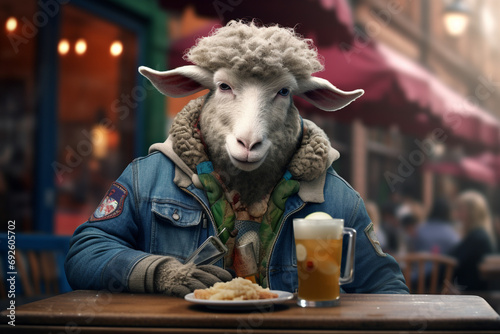 Humanised sheep wearing human clothes seats in street cafe. AI generated. #692605702