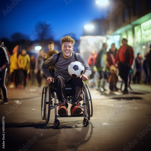 A happy man on a wheelchair is playing football in the city, in the evening