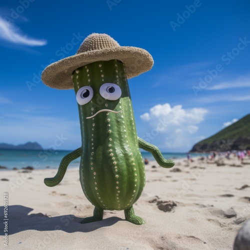 humanized cucumber wearing a sombrero, standing on the sandy beach  photo
