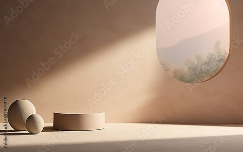 sfondo minimalista vuoto per inserimento e promozione di prodotto, luce finestra , , luce su muro color beige , colori tono su tono armonici  photo