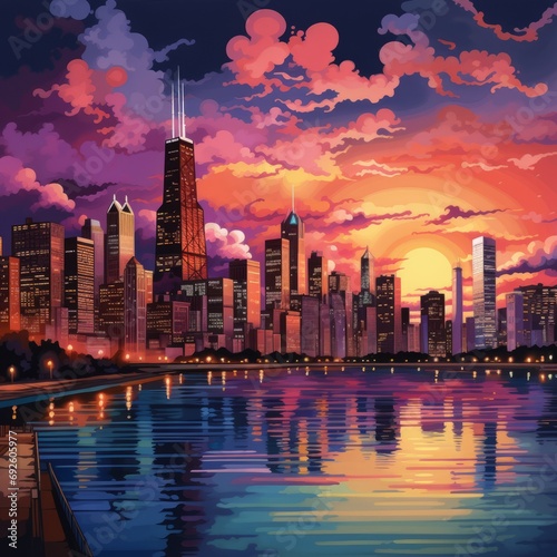 illustration of a city skyline at sunset, colorful, 