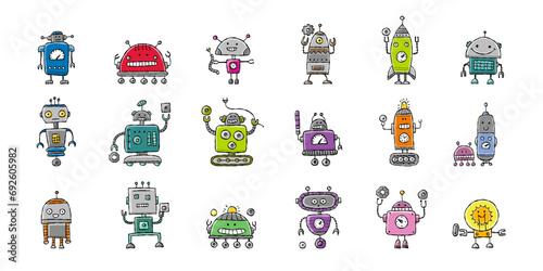 Funny robots characters. Childish style, icons collection for your design (ID: 692605982)