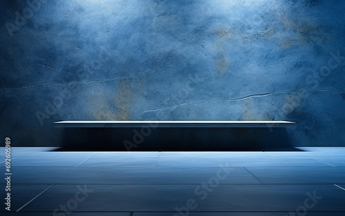 sfondo minimalista vuoto per inserimento e promozione di prodotto, luce finestra , , luce su muro color blu, colori tono su tono armonici  photo