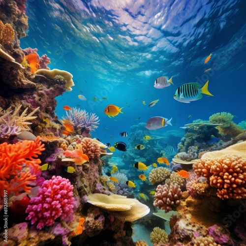 coral reef and fish, deep blue ocean, tropical, colorful, underwater life  © Jasenko