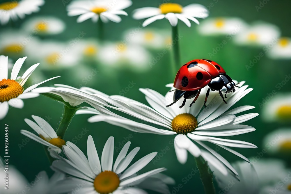 A ladybug perched on a daisy petal, surrounded by lush greenery.