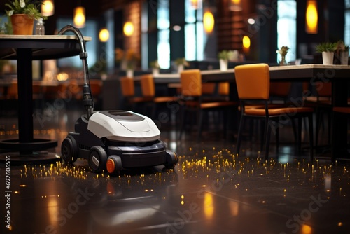 Robot vacuum cleaner for restaurants. dirt on the floor. Dust. cleaning at work. Technologies. cafe.