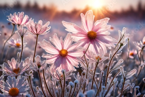A frosty morning in a cosmos flower field, with ice crystals adorning each petal and leaf, and the rising sun creating a glittering effect, all captured in a crisp, high-definition