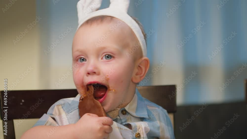 Happy easter, Baby boy with bunny ears eats a chocolate bunny. Happy easter, Baby boy with bunny ears eats a chocolate bunny.