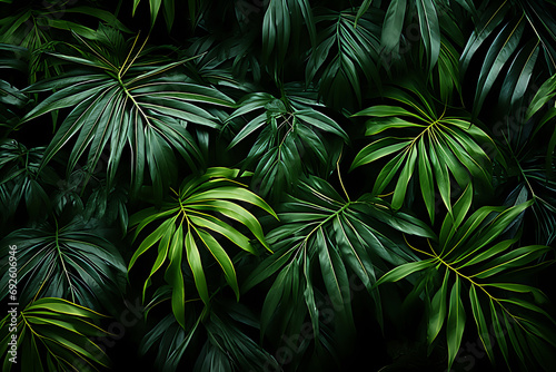 Tropical green leaves on dark background. Nature summer forest plant concept. High quality photo.