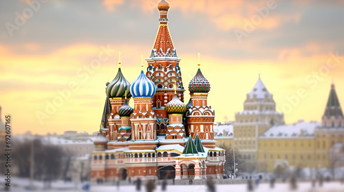 Moscow, Russia, Red square, view of St. Basil's Cathedral in winter. Generative Ai.