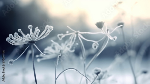 Winter landscape. Winter scene. Frozen flower/selective focus. Generative Ai.