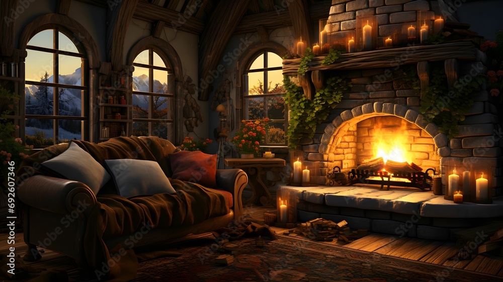 Cozy Cabin Interior - Fireplace Warmth and Inviting Earthy Atmosphere

