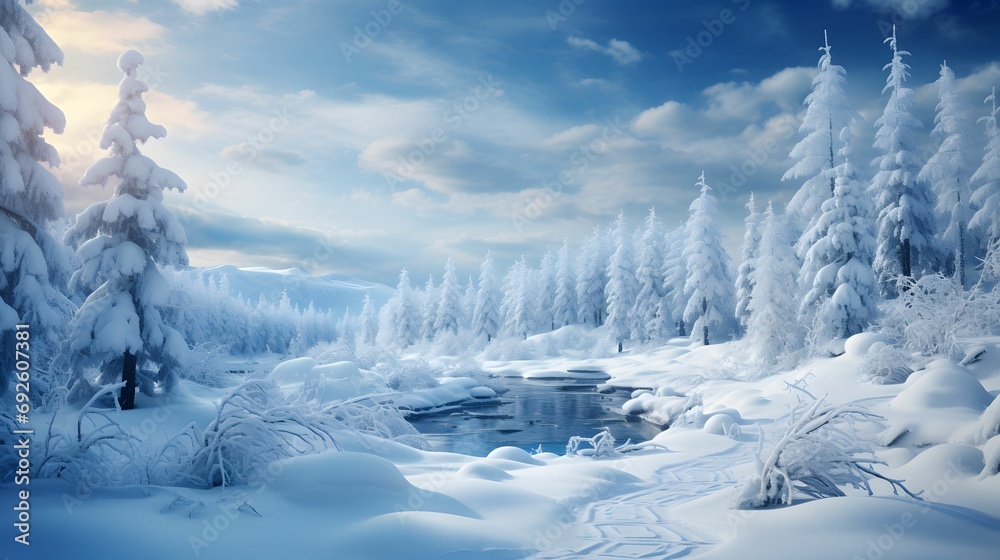 Snow-Covered Evergreen Forest - Serene Winter Landscape with Gentle Snowfall
