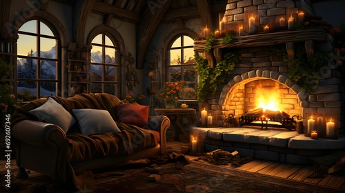Cozy Cabin Interior - Fireplace Warmth and Inviting Earthy Atmosphere  © wahyu