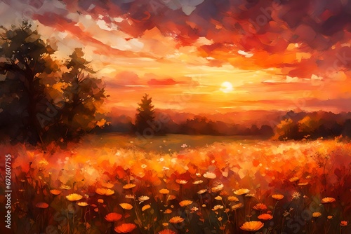 A breathtaking sunset over a summer meadow, painting the sky with warm hues.