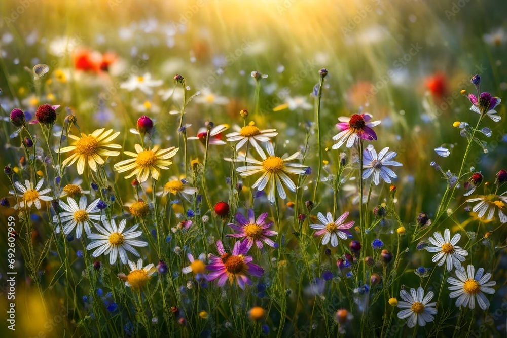 Close-up of dew-kissed wildflowers in a lush, colorful summer meadow.