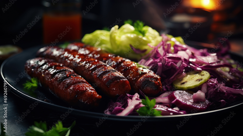 Super delicious plated dish of steaming merguez sausages, with sliced cabbage and pickles on the side, served in a plate. Generative Ai. - obrazy, fototapety, plakaty 
