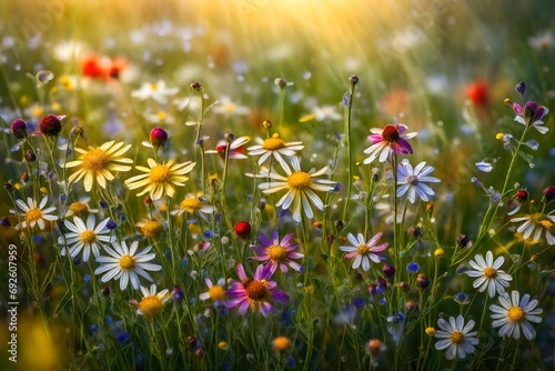 Close-up of dew-kissed wildflowers in a lush, colorful summer meadow. © Nazia