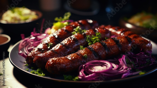 Super delicious plated dish of steaming merguez sausages, with sliced cabbage and pickles on the side, served in a plate. Generative Ai.